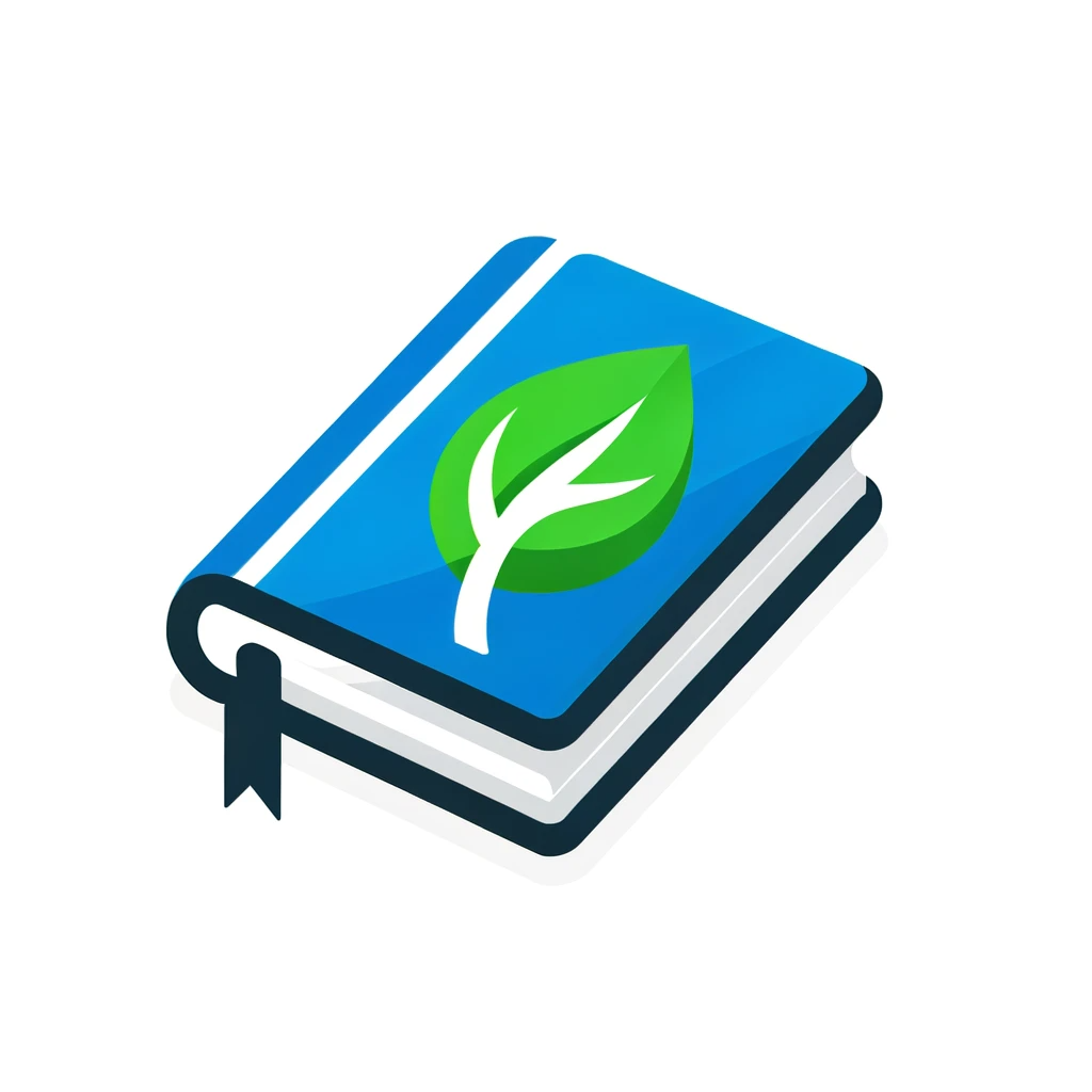 DALL·E 2023-12-09 08.28.02 - Compose a logo with a streamlined design, featuring one book in a bright blue color with a single green leaf symbolizing growth. The book should be re